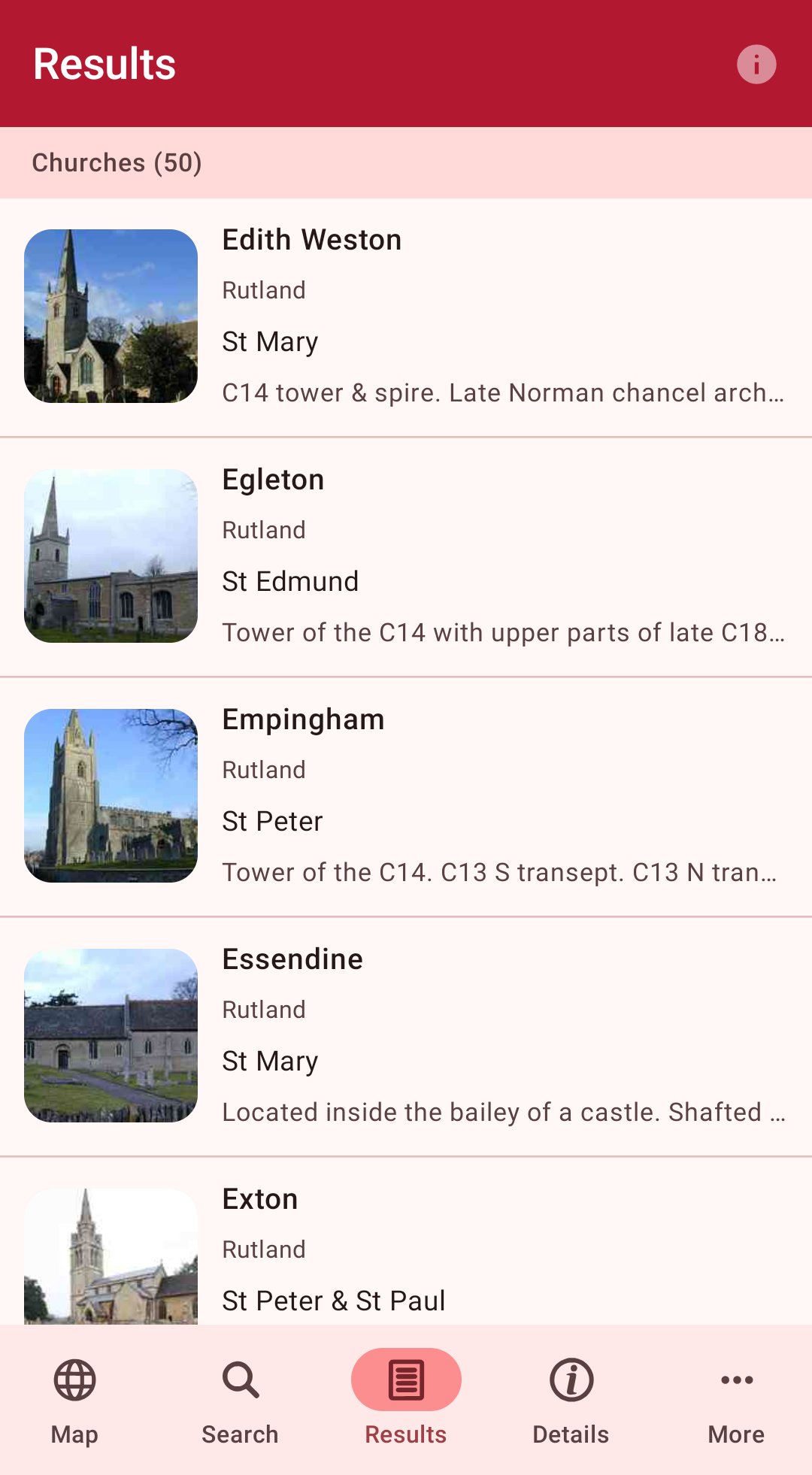 Parish Churches app results list