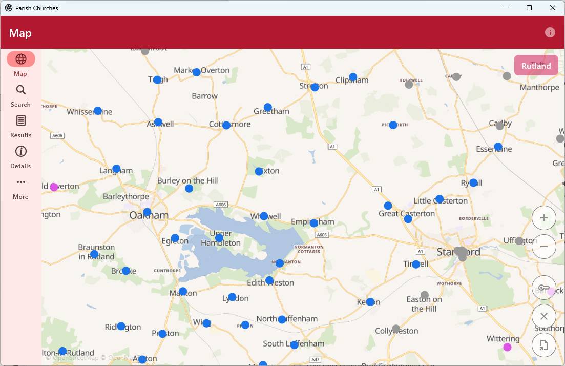 Parish Churches app interactive map, showing churches across Rutland