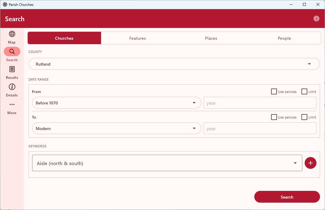 Parish Churches app search screen, with county, date range, and keyword filters