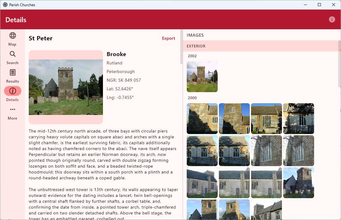Parish Churches app details screen for St Peter's, Brooke, Rutland, with grid reference and architectural description