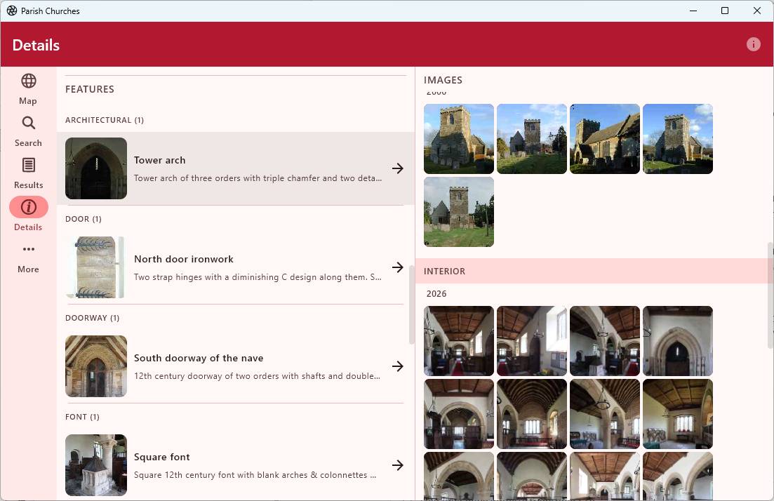 Parish Churches app details screen listing individual features and grouped images