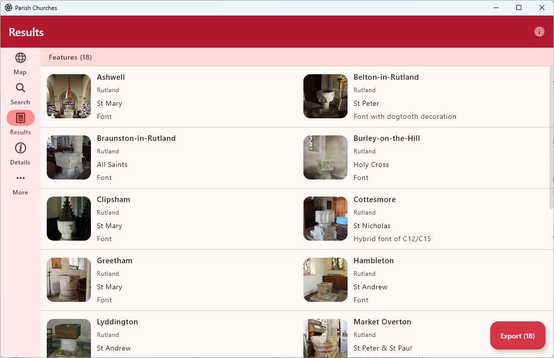 Parish Churches app results screen, showing a grid of church fonts found by a search